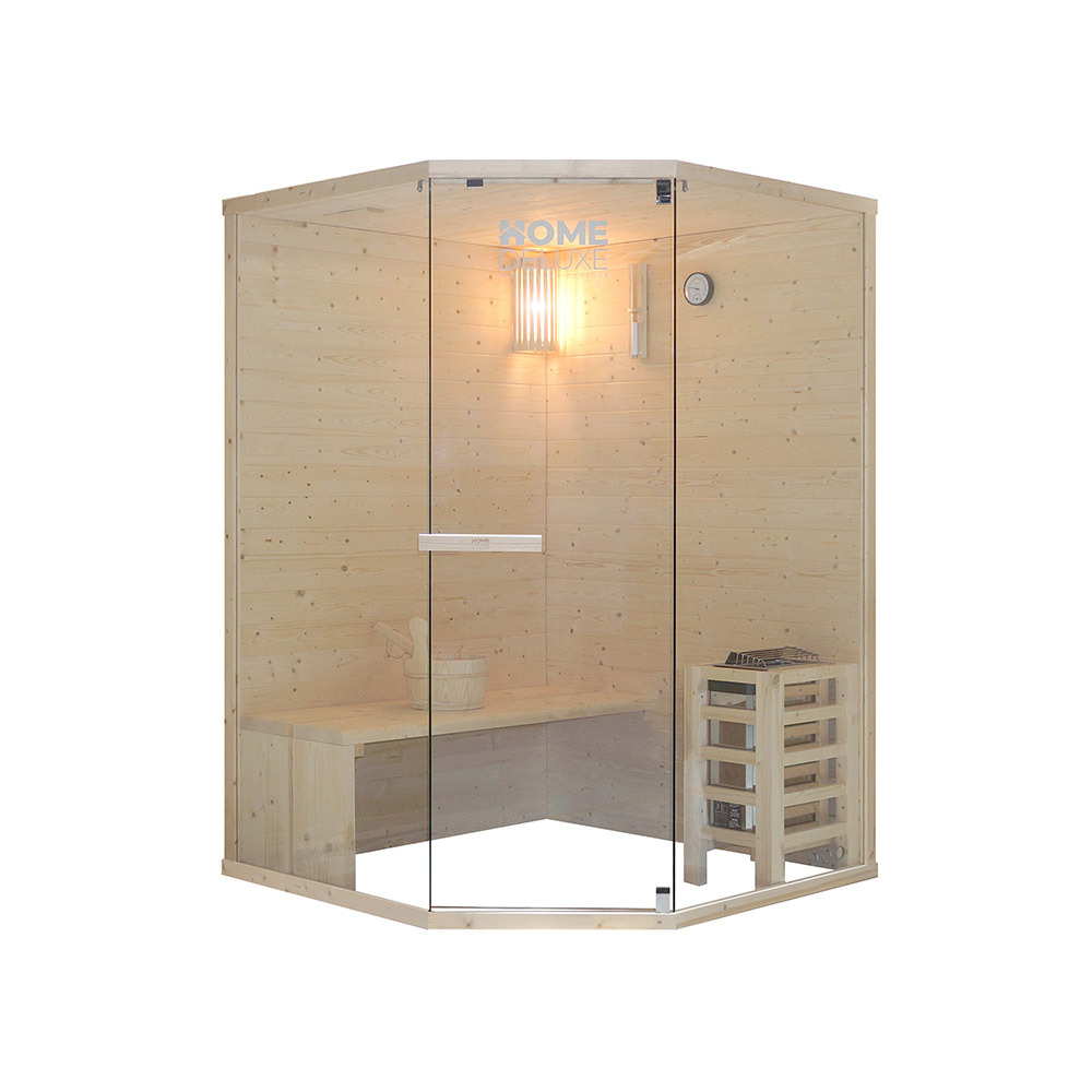 Home deluxe - sauna traditionnel aruna l - dimensions : env. 130 cm × 130 cm × 190 cm, bois : épicéa, verre de sécurité transparent