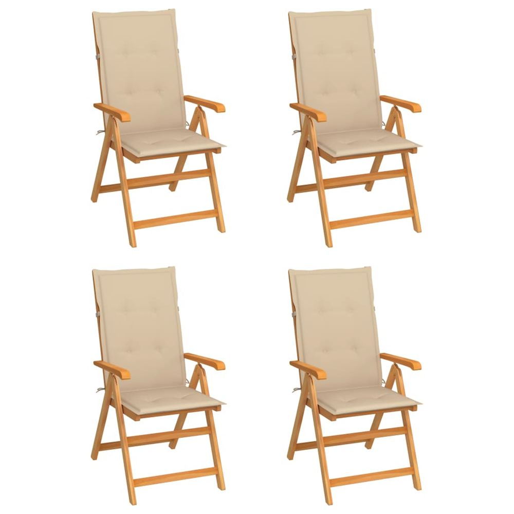 Ensemble de 4 chaises pliantes en teck massif avec coussins beiges