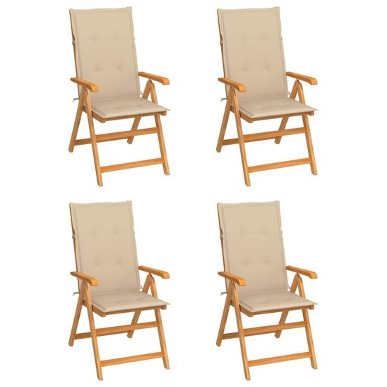 Ensemble de 4 chaises pliantes en teck massif avec coussins beiges