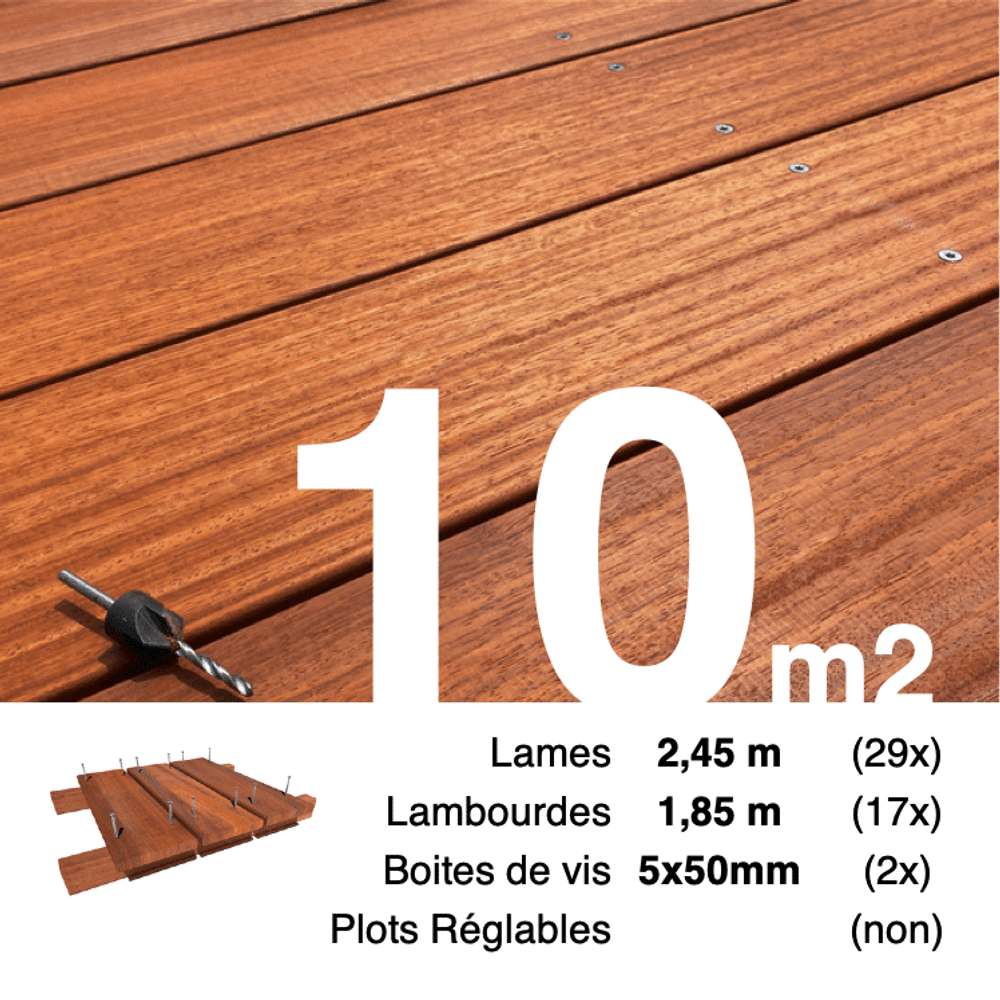 Kit terrasse bois exotique padouk pour 10 m², lames 2,45 m, lambourdes 1,85 m et visserie inox.