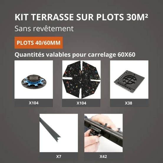Kit terrasse sur plots sans revêtement 30m² - finition gris anthracite - 40/60 mm - jouplast