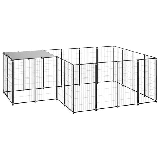 Parc pour chien 6,05 m² en acier noir avec toit anti-uv, enclos de jardin