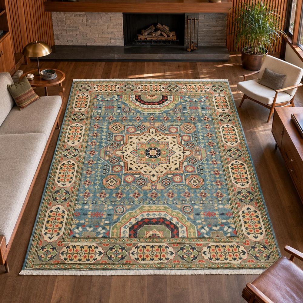 Tapis salon 153 x 197 cm, bleu, beige et rouge, laine nouée main, kazak co 69