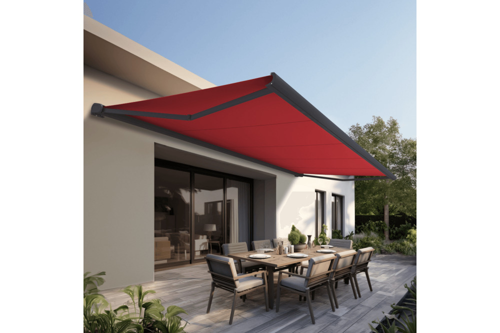 Store banne coffre intégral protect 2 gris anthracite 5x3,5m motorisé à  télécommande - toile rouge