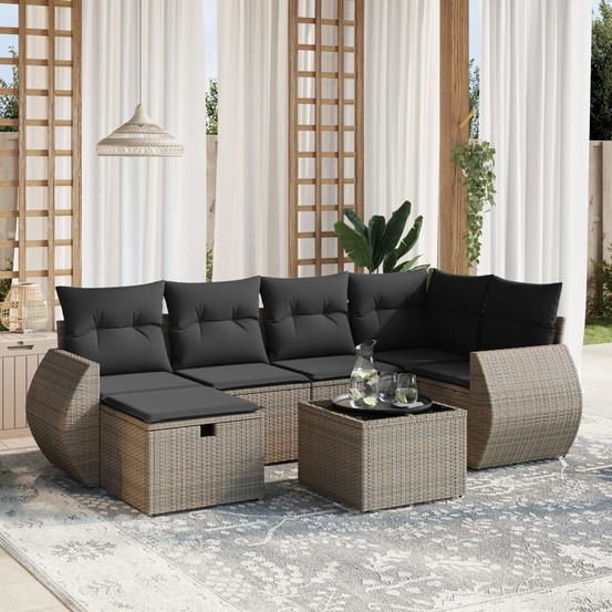 Salon de jardin avec coussins 7 pcs gris résine tressée