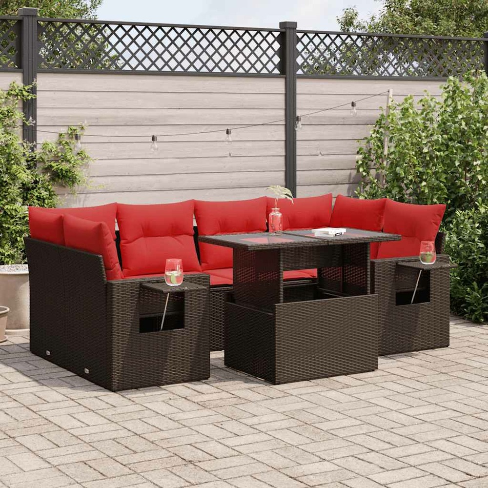 Salon de jardin avec coussins 7 pcs marron résine tressée acacia