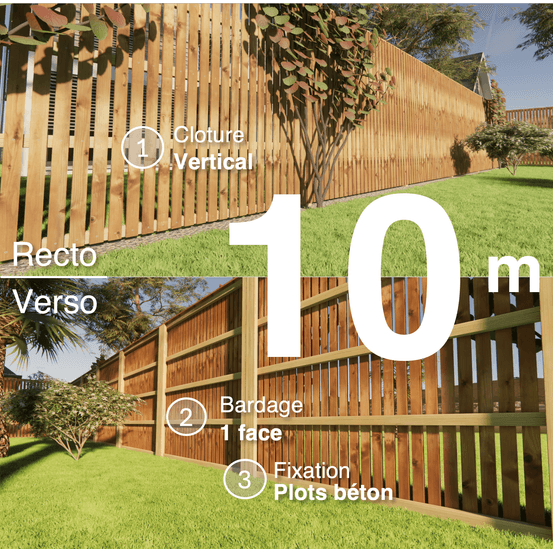 Kit clôture bois moderne 10m – h 2,3m – 20 x 70 mm autoclave marron – pose vertical – simple face – à sceller