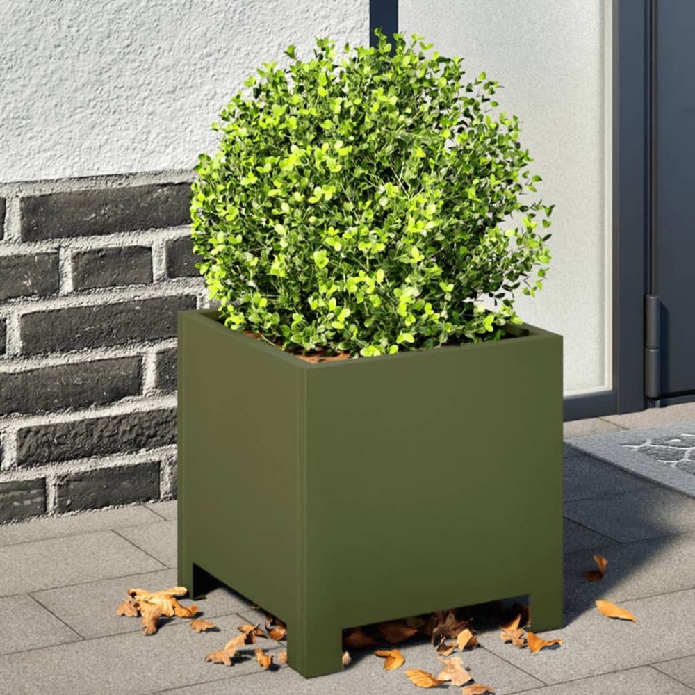 Jardinière carrée acier design pour jardin vert olive 30x30x30 cm
