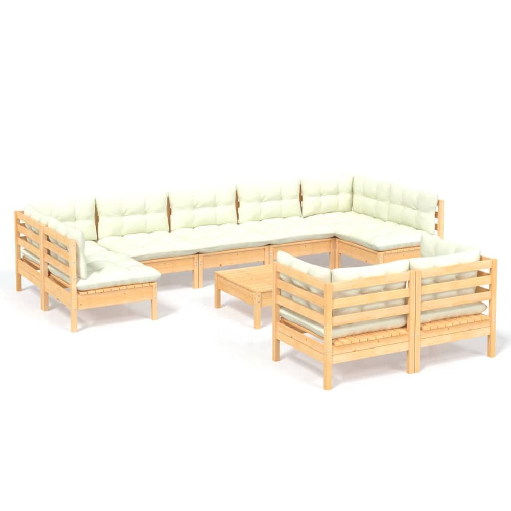 Salon de jardin 10 pcs avec coussins crème bois de pin massif