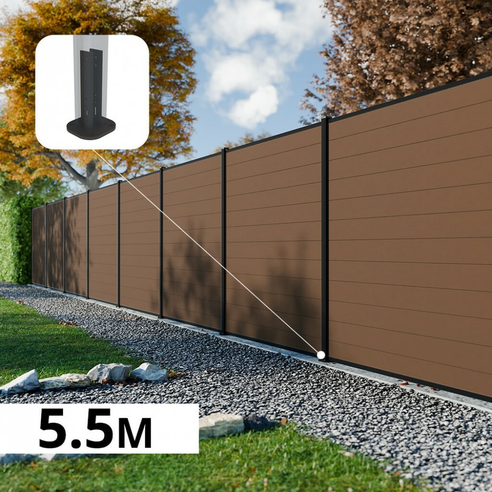 Kit clôture composite rio bronze 5,5x1,8m - bois composite & aluminium - poteaux sur platines noir - brise vue - palissade