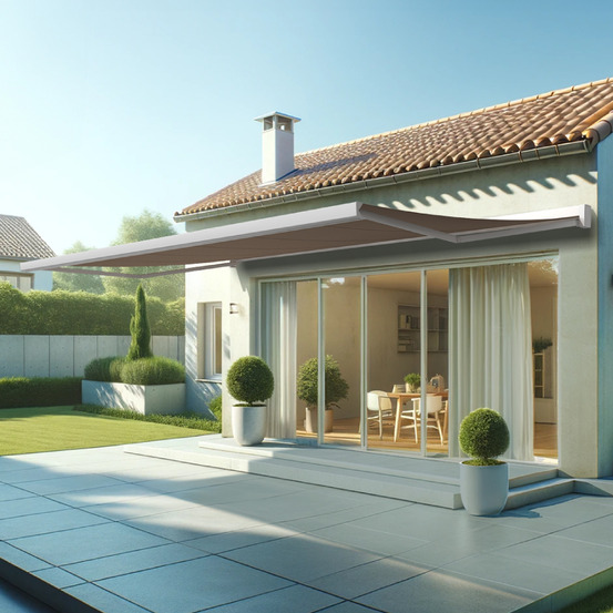 Store banne coffre intégral soa 6,00x3,50 m (manuelle - blanc satiné ral9010 - taupe)