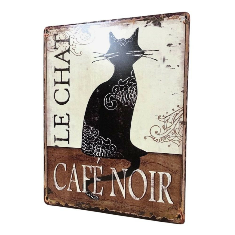 Plaque murale décorative vintage fer noir marron chat café 33x25cm
