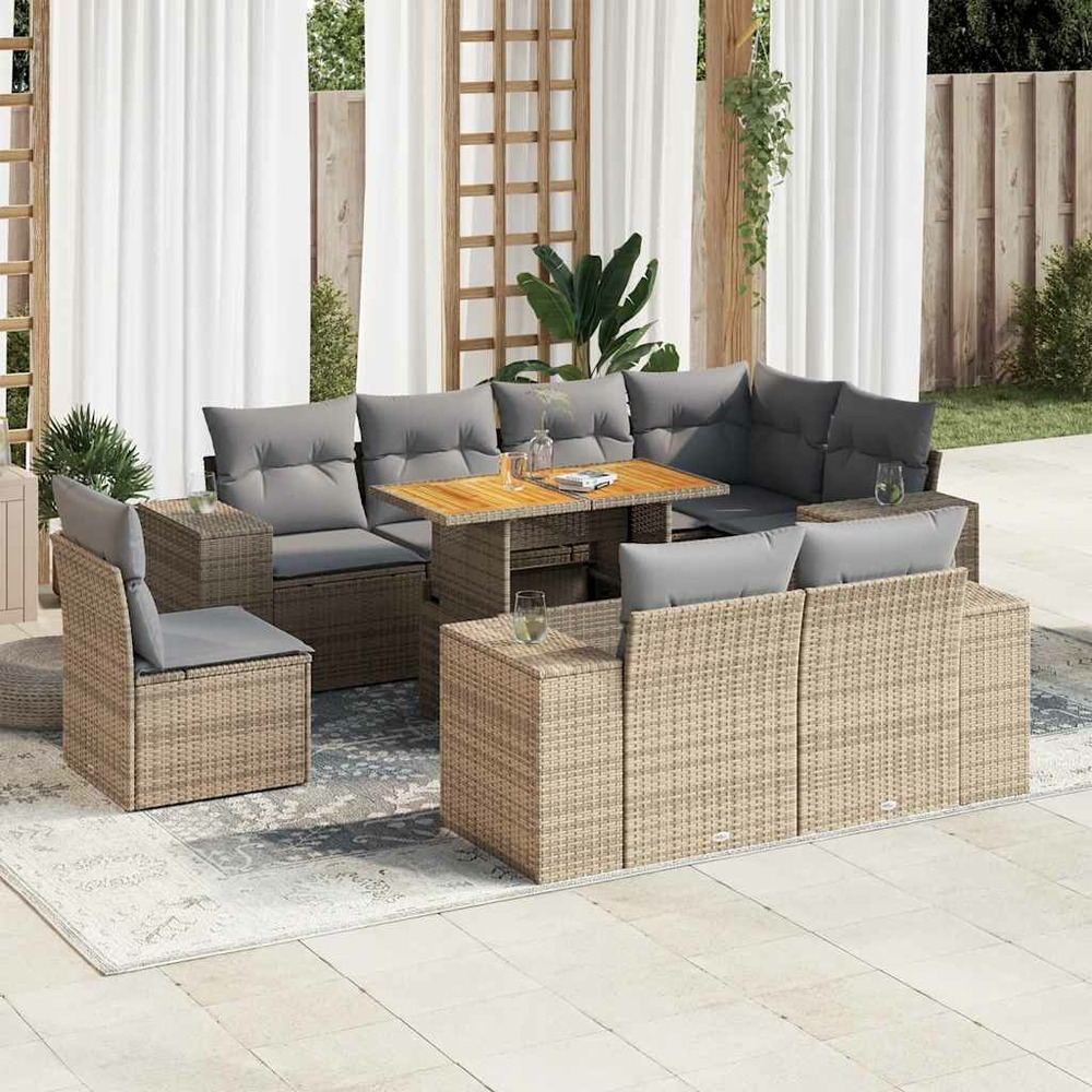 Salon de jardin avec coussins 9 pcs beige résine tressée