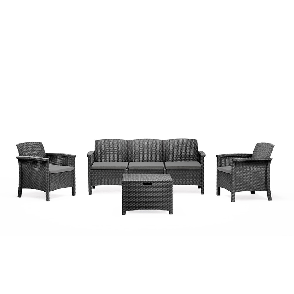 Salon de jardin 5 places effet résine tressée gris anthracite avec table basse maniza