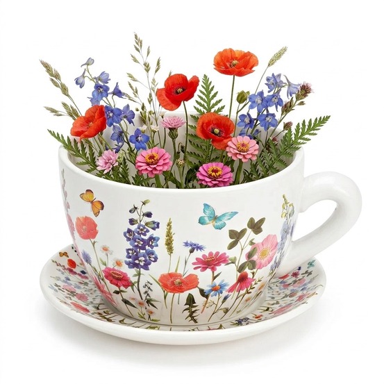 Vase ou pot de fleurs en forme de tasse colorée