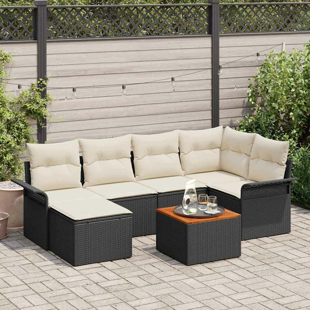 Ensemble de canapé de jardin avec coussin 7 pcs noir polyrotin