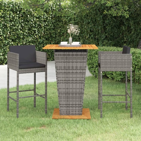 Ensemble de bar de jardin 3 pcs et coussins résine tressée gris