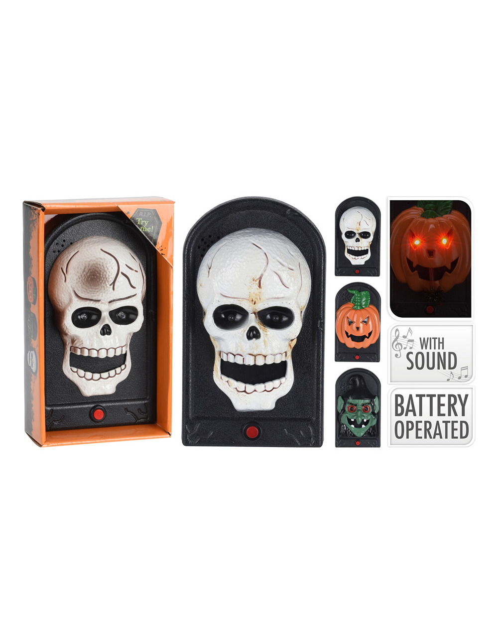Cloche d'halloween, à batterie, avec son, 3 modèles. 21x12,5x6cm. Basics
