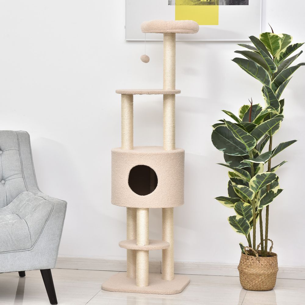 Arbre à chats avec griffoir arbre à grimper pour chat niche et plate-formes peluche haute densité 148 cm beige