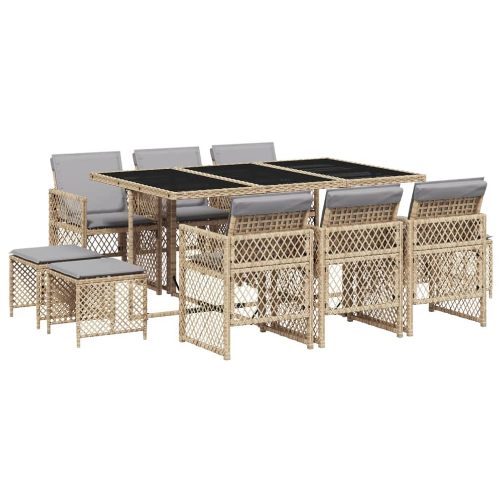 Ensemble à manger de jardin et coussins 11 pcs beige poly rotin