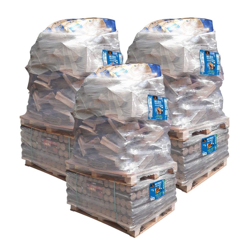 Lot de 3 packs découverte woodstock soit 120 packs de bûches densifies + 3 900 dm de bûches 30 cm + allumage offert