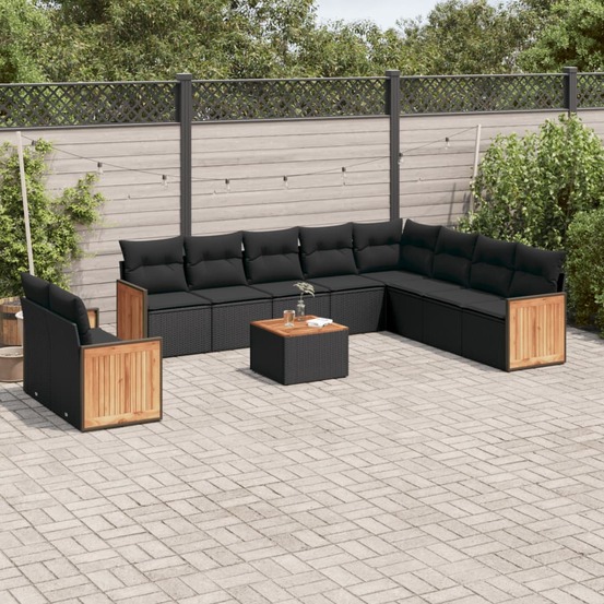 Salon de jardin 11 pcs avec coussins noir résine tressée