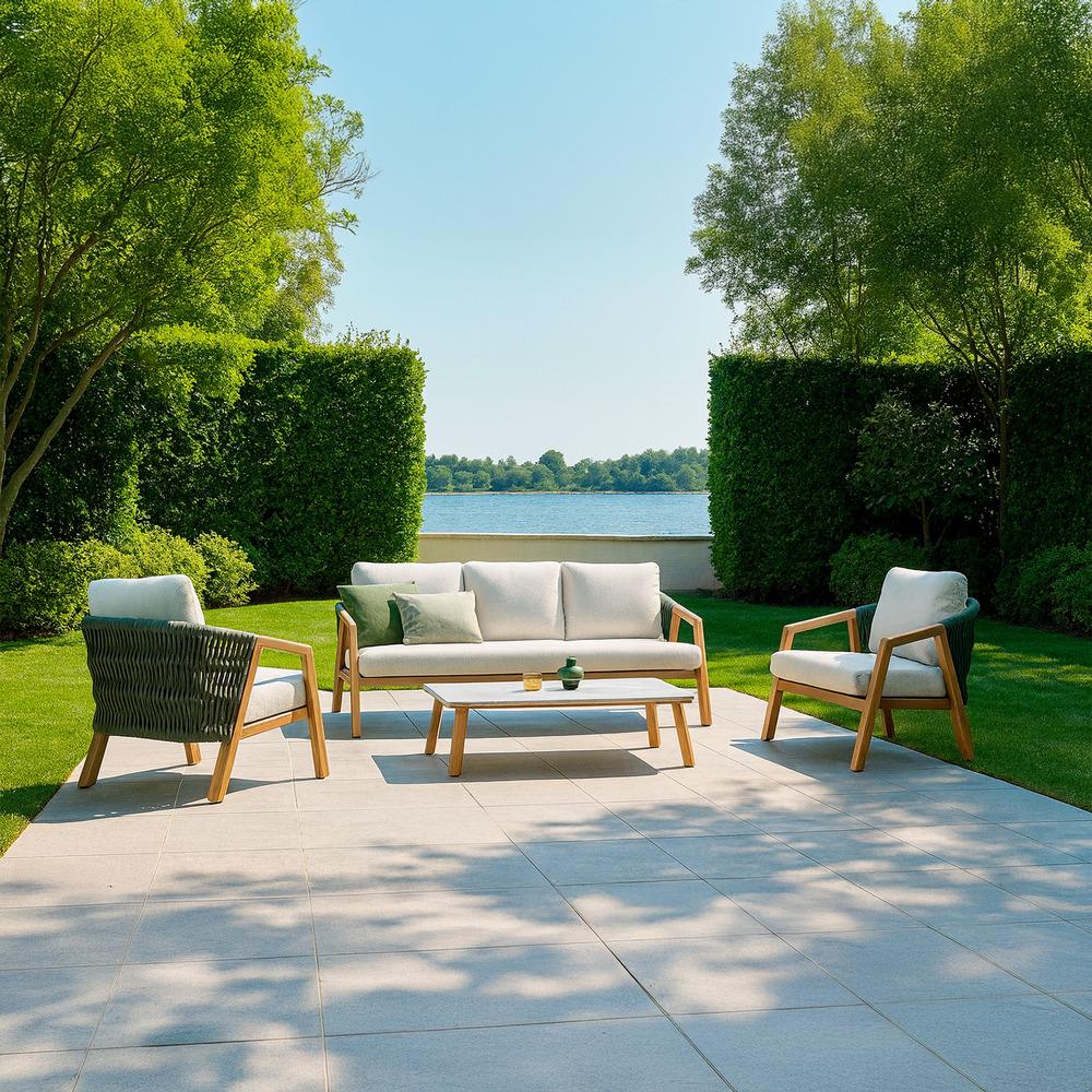 Set de jardin 2 fauteuils en aluminium et bois coussins hydrofuges