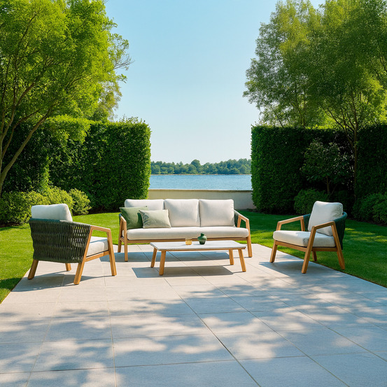 Set de jardin 2 fauteuils en aluminium et bois coussins hydrofuges