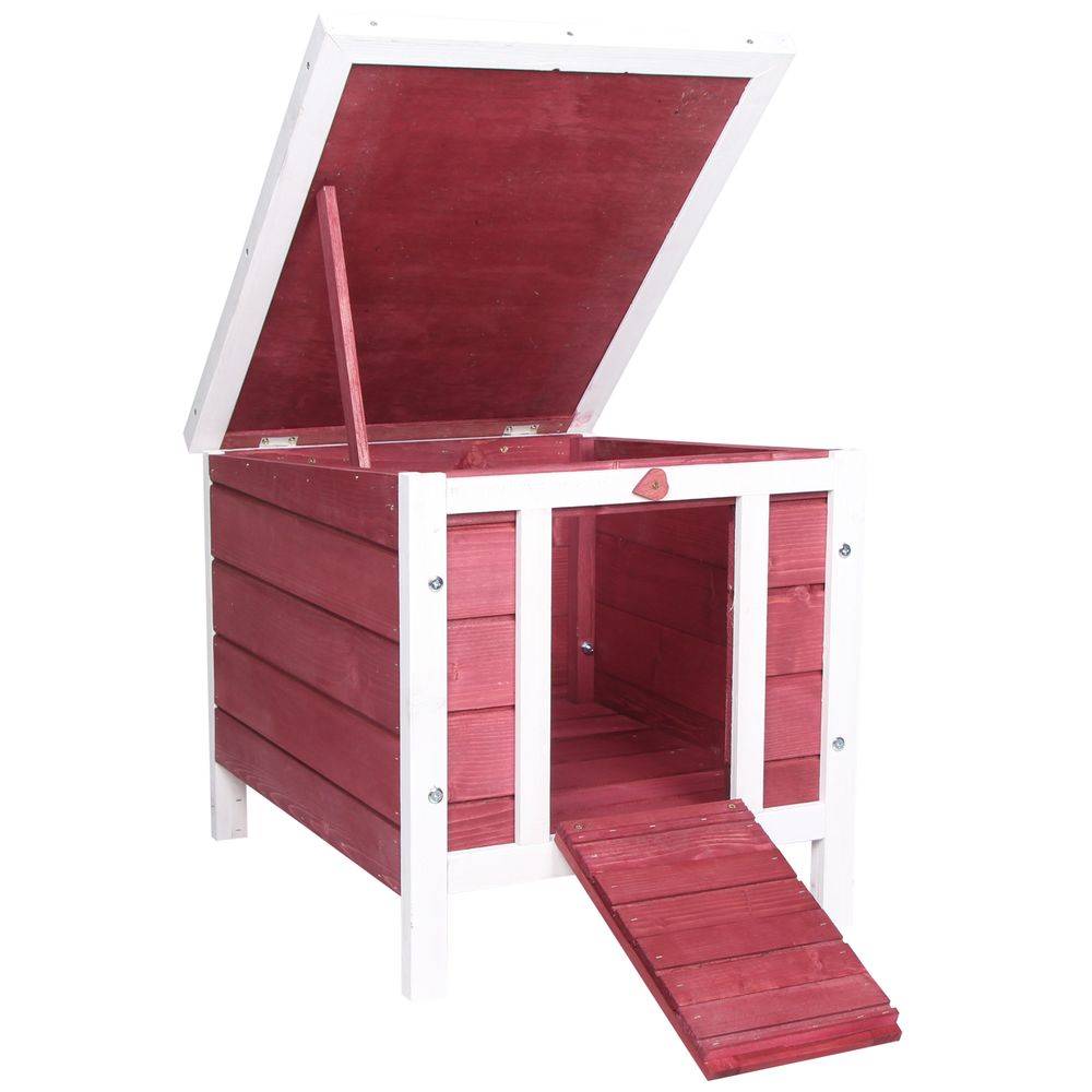 Abri en bois pour petit lapin niche extérieure toit ouvrant et porte rampe 42cm rouge