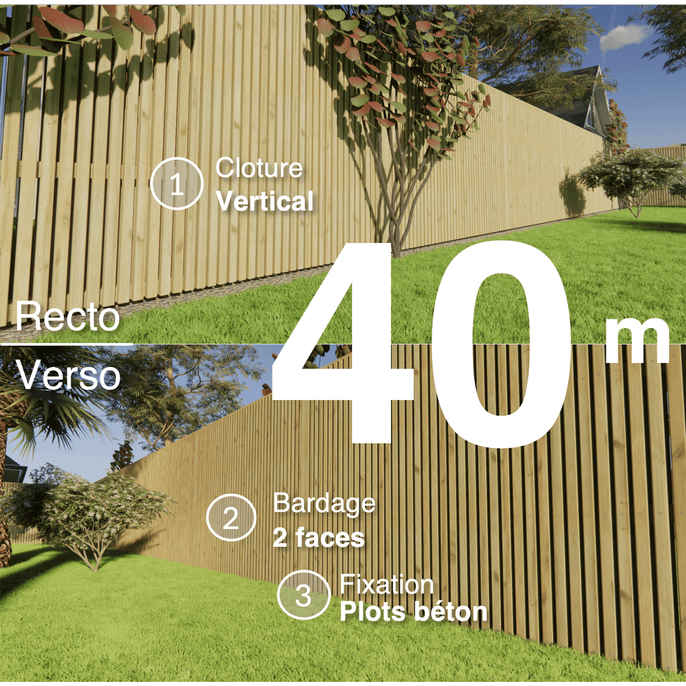 Kit clôture bois moderne 40m – h 1,9m – 45 x 45 mm autoclave – pose vertical – double face – à sceller