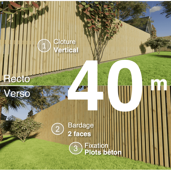 Kit clôture bois moderne 40m – h 1,9m – 45 x 45 mm autoclave – pose vertical – double face – à sceller