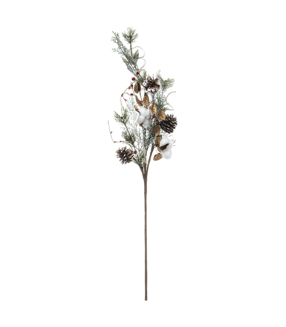 Branche décorative spéciale fêtes fleur de coton et baies rouges h 78 cm