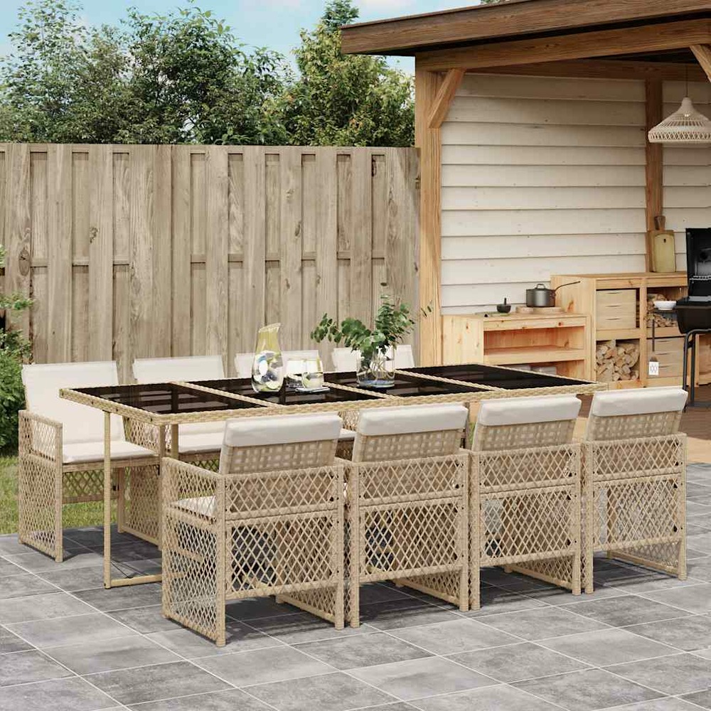 Ensemble à manger de jardin et coussins 9 pcs beige poly rotin