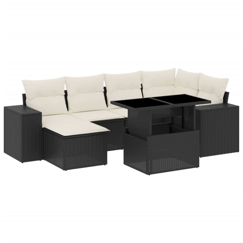 Salon de jardin 7 pcs avec coussins noir résine tressée