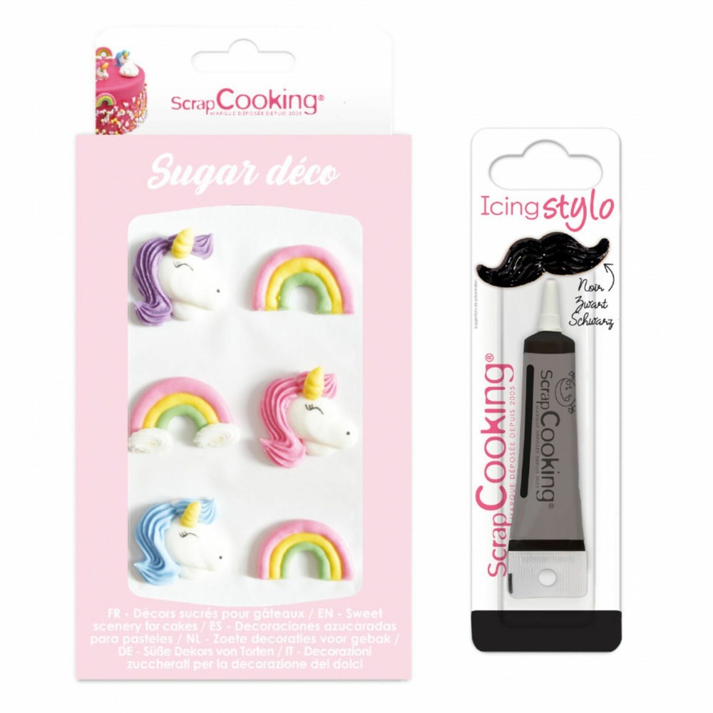 6 décors sucrés licorne et arc en ciel + stylo de glaçage noir
