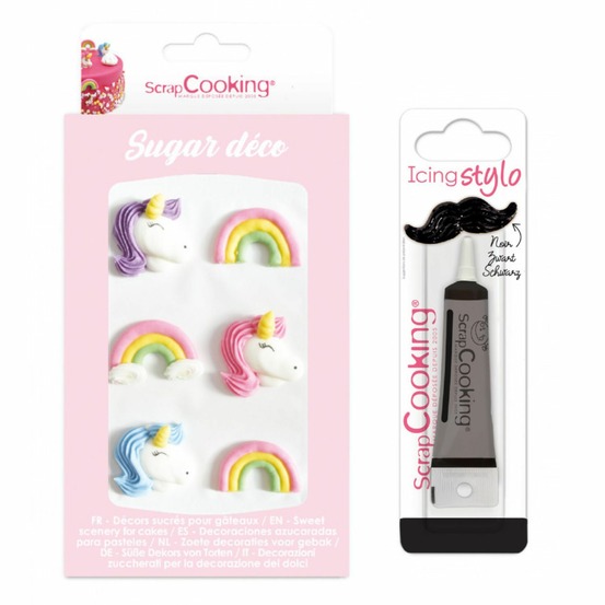 6 décors sucrés licorne et arc en ciel + stylo de glaçage noir