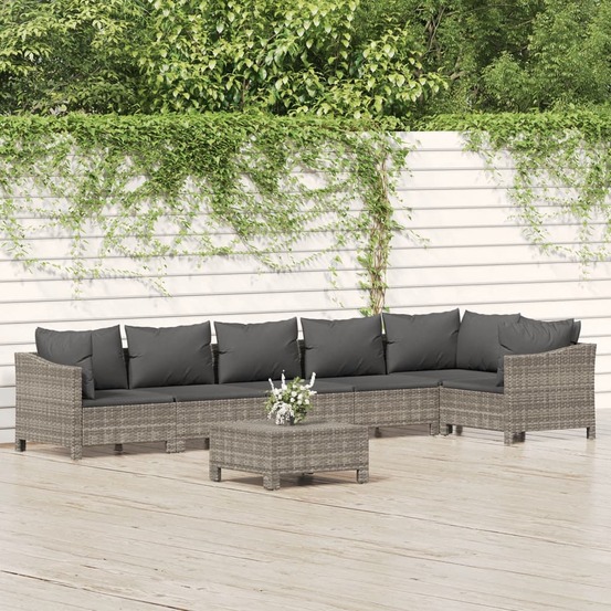 Salon de jardin 7 pcs avec coussins gris résine tressée