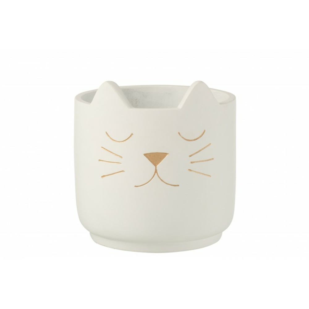 Cache-pot en ciment blanc tête de chat doré h19cm