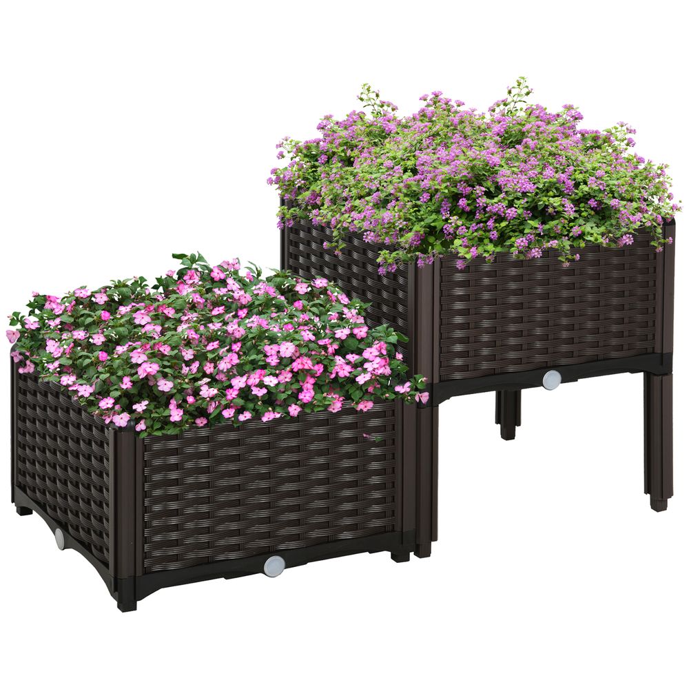 Lot 2 jardinières plastique imitation rotin terrasse drainage 40x40x44cm marron