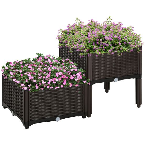 Lot 2 jardinières plastique imitation rotin terrasse drainage 40x40x44cm marron