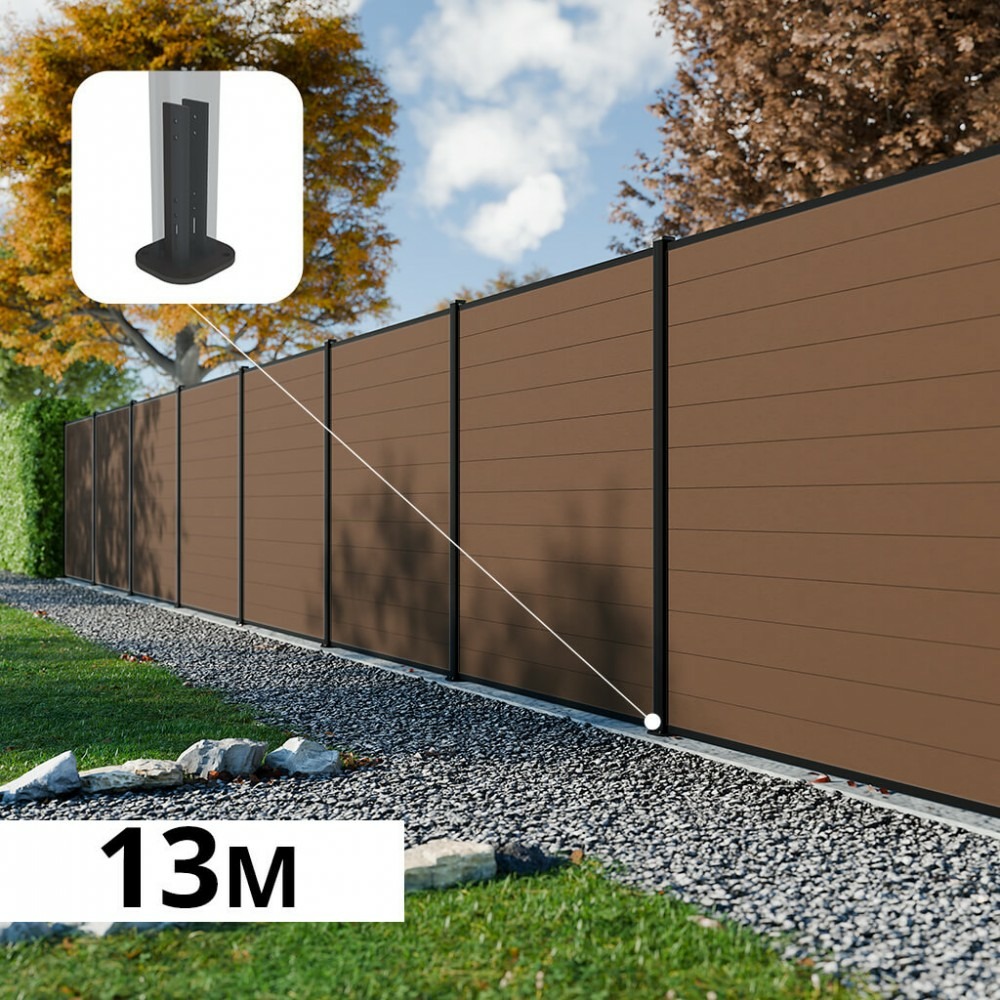 Kit clôture composite rio bronze 13x1,8m - bois composite & aluminium - poteaux sur platines noir - brise vue - palissade