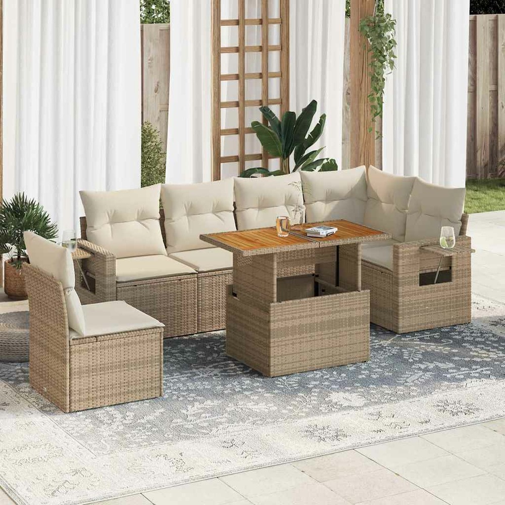 Salon de jardin avec coussins 7 pcs beige résine tressée