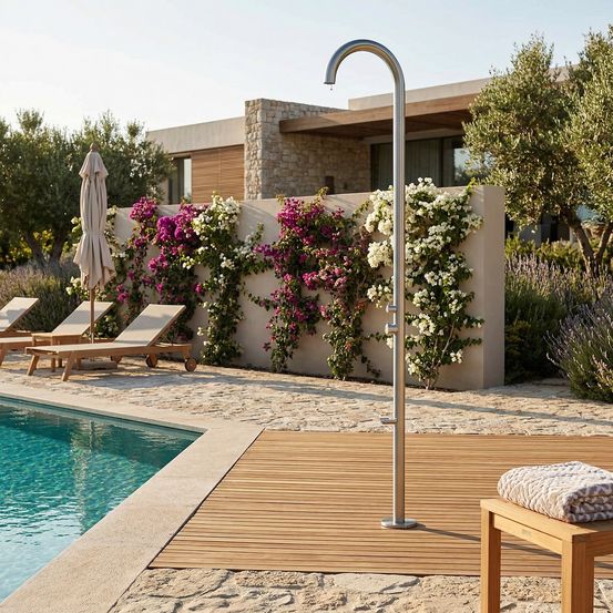 Douche piscine inox 316l couleur inox raccordement eau froidechaude