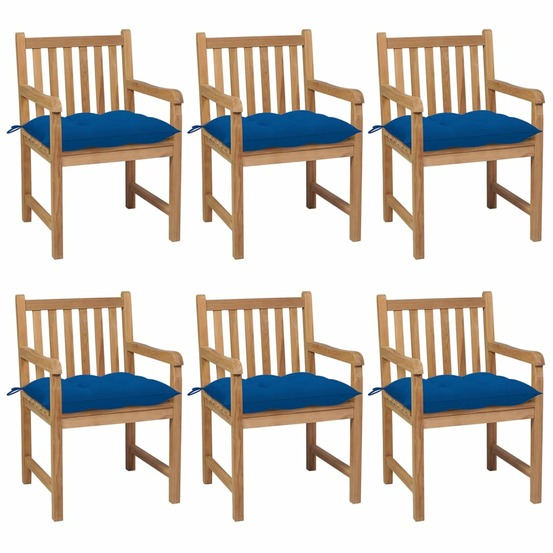 Chaises de jardin lot de 6 et coussins bleu bois de teck solide