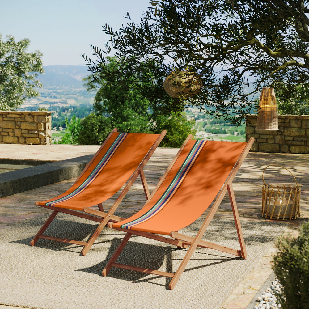 Lot de 2 chiliennes pliantes règlables - 100 % coton - bois hêtre - multicolore - mauleon epice