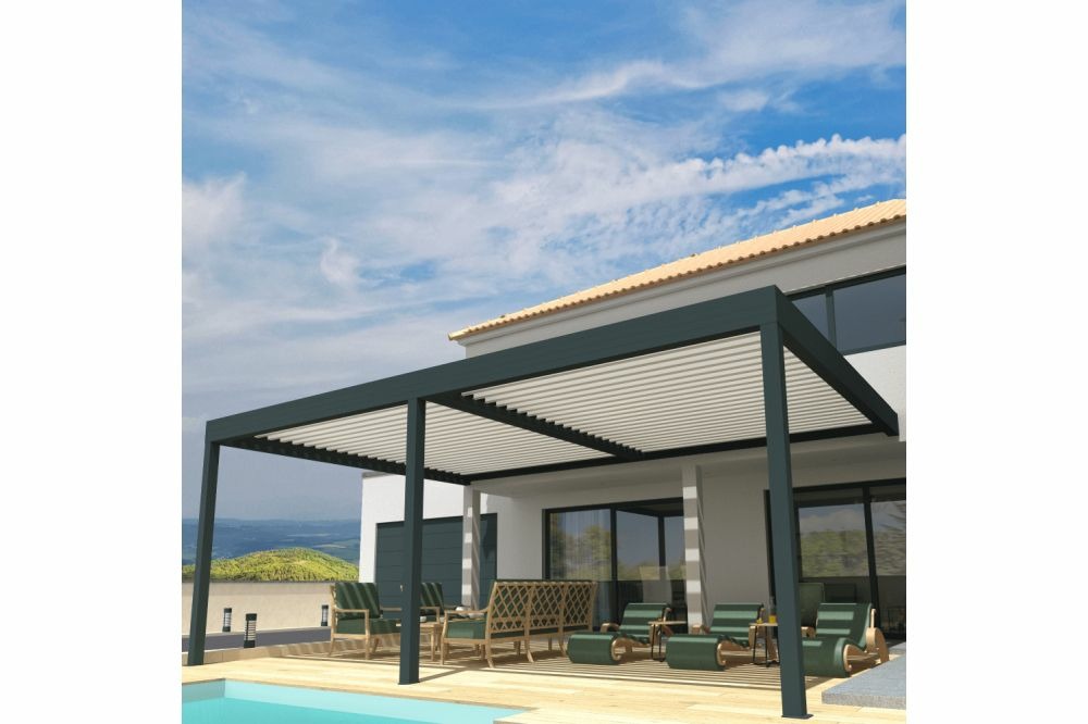 Pergola bioclimatique cocoon xl mixte gris anthracite / blanc 9,00x4,987m verin + led