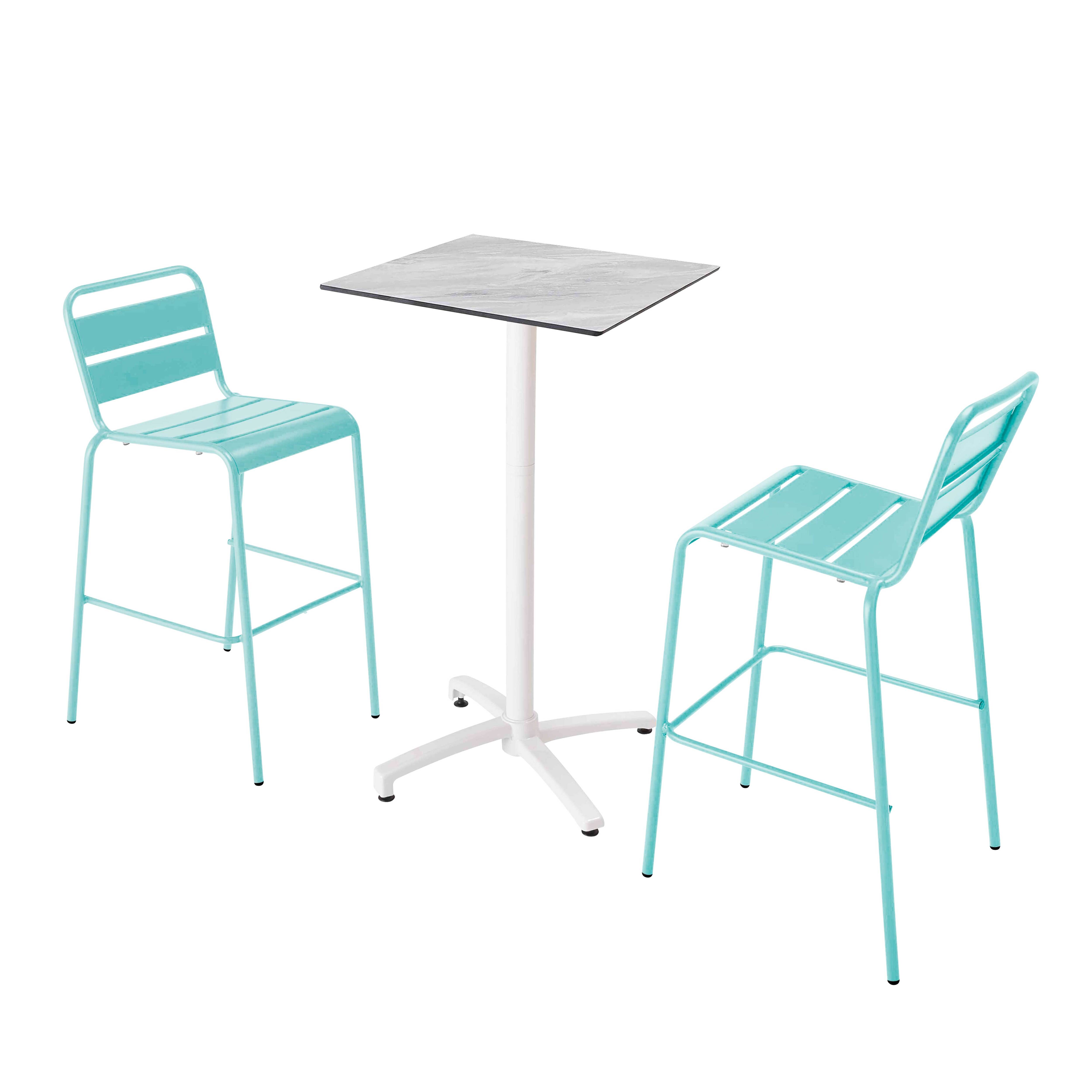 Ensemble table haute stratifié marbre et 2 chaises hautes turquoise