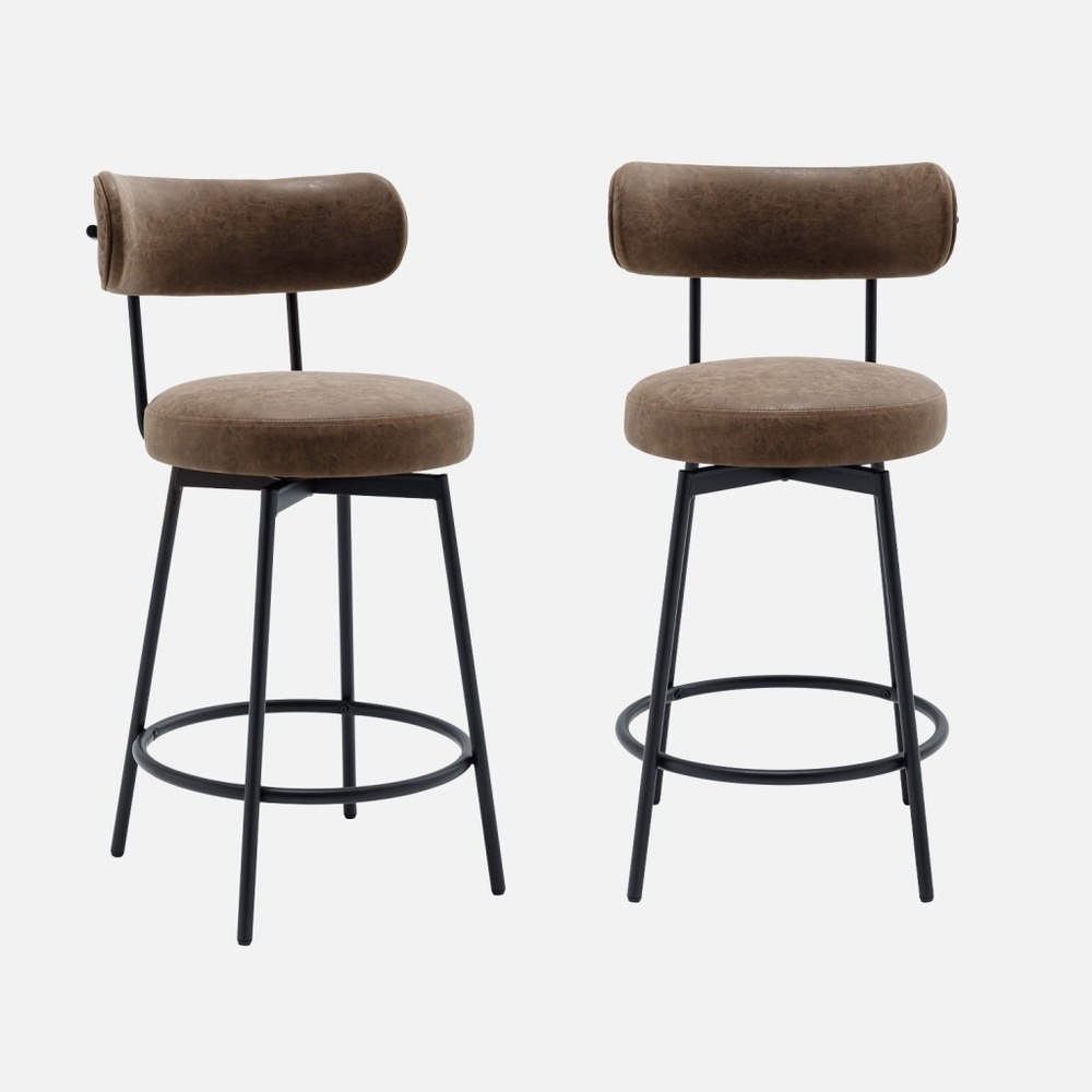 Lot de deux tabourets de bar assise rotative métal noir et simili cuir marron - l 50 x p 50 x h 92cm - iris