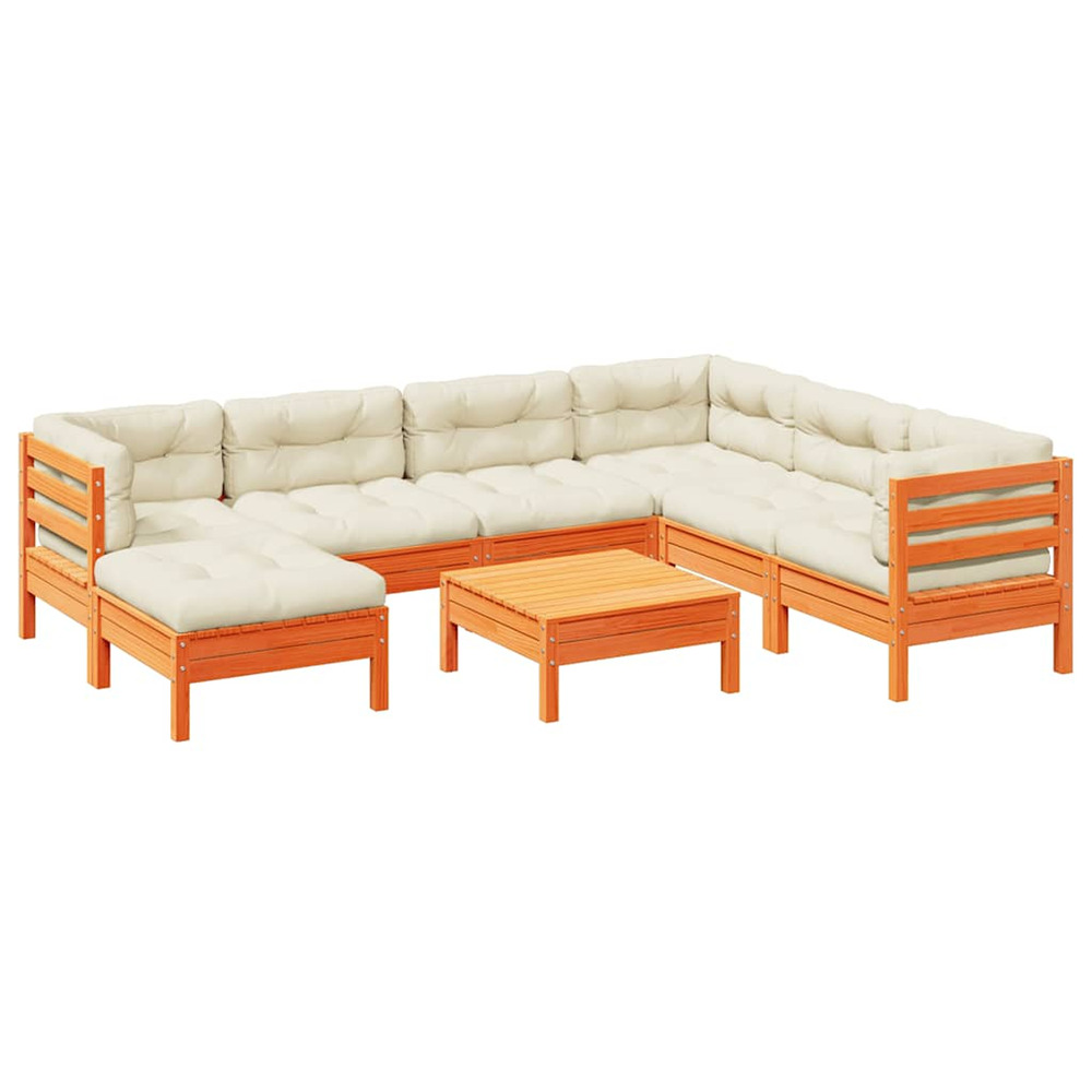 Salon de jardin 8 pcs avec coussins marron cire bois pin massif