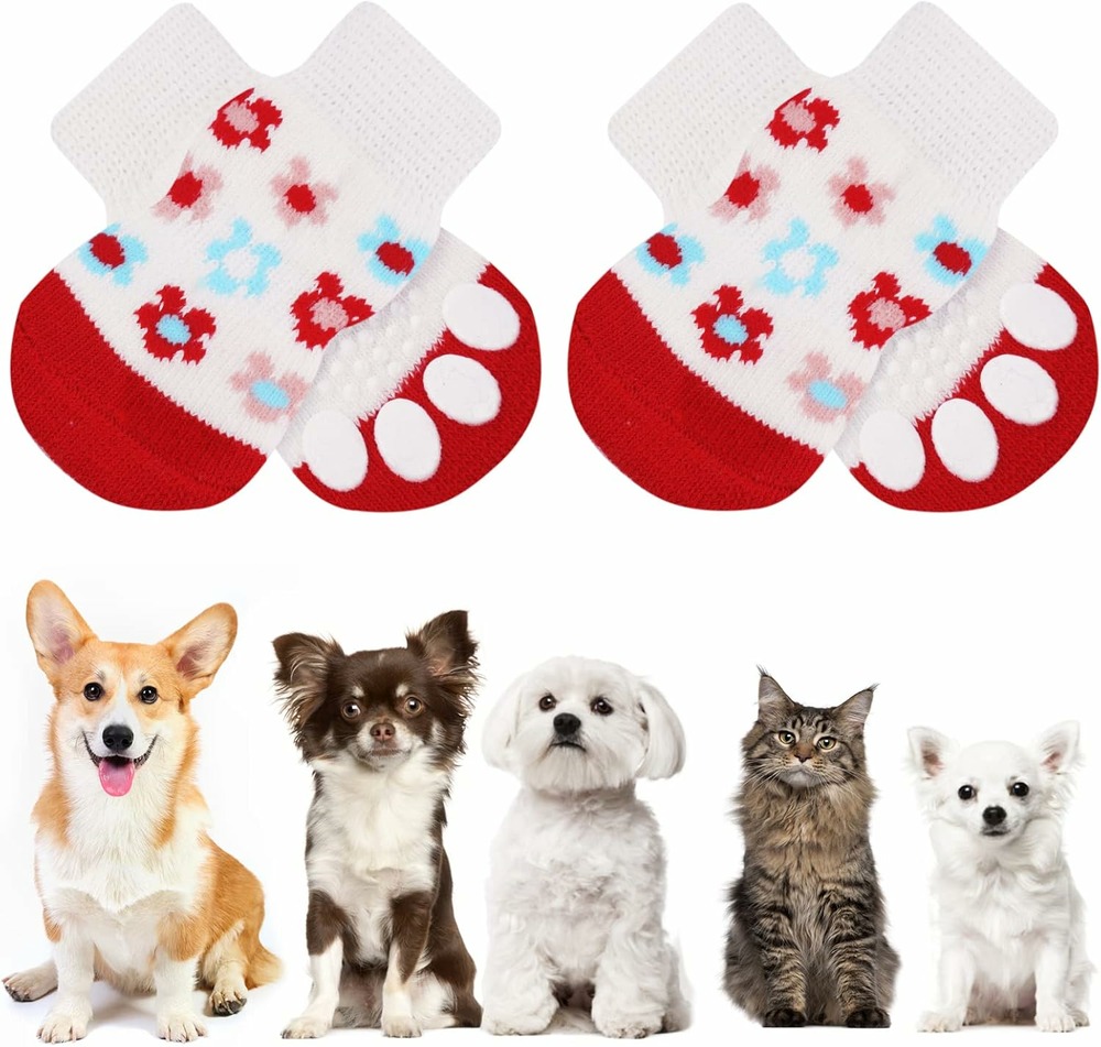 Chaussettes anti-dérapantes chien chat motif fleur blanc rouge l